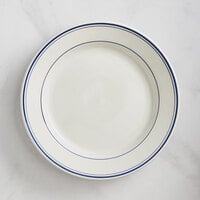 Acopa 10 1/2" Ivory (American White) Stoneware Wide Rim Plate with Blue Bands - 12/Case