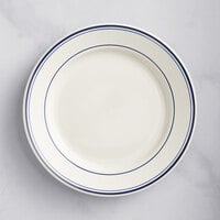 Acopa 9" Ivory (American White) Stoneware Wide Rim Plate with Blue Bands - 24/Case