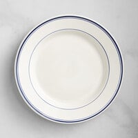 Acopa 8 3/8" Ivory (American White) Stoneware Wide Rim Plate with Blue Bands - 36/Case