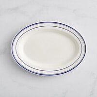 Acopa 12 5/8" x 8 3/4" Ivory (American White) Wide Rim Stoneware Platter with Blue Bands - 12/Case