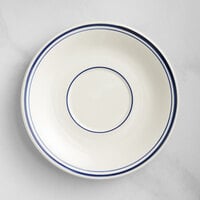 Acopa 6" Ivory (American White) Stoneware Saucer with Blue Bands - 36/Case