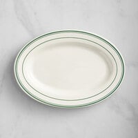 Acopa 11 5/8" x 8" Ivory (American White) Wide Rim Stoneware Platter with Green Bands - 12/Case