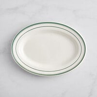 Acopa 12 5/8" x 8 3/4" Ivory (American White) Wide Rim Stoneware Platter with Green Bands - 12/Case