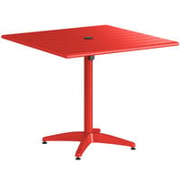 Lancaster Table & Seating 36" x 36" Red Powder-Coated Aluminum Dining Height Outdoor Table with Umbrella Hole