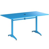 Lancaster Table & Seating 32" x 60" Blue Powder-Coated Aluminum Dining Height Outdoor Table with Umbrella Hole
