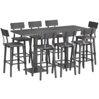 Lancaster Table & Seating Industrial 30" x 72" Antique Slate Gray Solid Wood Live Edge Bar Height Table with 8 Bar Stools