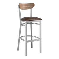 Lancaster Table & Seating Boomerang Series Clear Coat Finish Bar Stool with Dark Brown Vinyl Seat and Vintage Wood Back