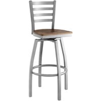 Lancaster Table & Seating Clear Coat Finish Ladder Back Swivel Bar Stool with Vintage Wood Seat