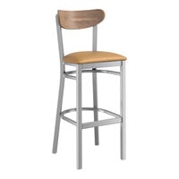 Lancaster Table & Seating Boomerang Series Clear Coat Finish Bar Stool with Light Brown Vinyl Seat and Vintage Wood Back