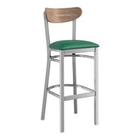 Lancaster Table & Seating Boomerang Series Clear Coat Finish Bar Stool with Green Vinyl Seat and Vintage Wood Back