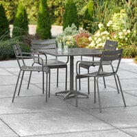 Lancaster Table & Seating 36 inch x 36 inch Matte Gray Powder-Coated Aluminum Dining Height Outdoor Table with Umbrella Hole and 4 Arm Chairs