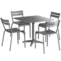 Lancaster Table & Seating 36 inch x 36 inch Matte Gray Powder-Coated Aluminum Dining Height Outdoor Table with Umbrella Hole and 4 Side Chairs