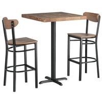 Lancaster Table & Seating 30" Square Bar Height Wood Vintage Butcher Block Table with 2 Boomerang Chairs