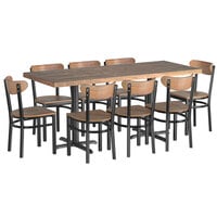 Lancaster Table & Seating 30" x 72" Standard Height Wood Vintage Butcher Block Table with 8 Boomerang Chairs