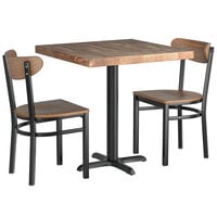 Lancaster Table & Seating 30" Square Standard Height Wood Vintage Butcher Block Table with 2 Boomerang Chairs
