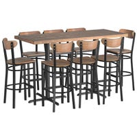 Lancaster Table & Seating 30" x 72" Bar Height Wood Vintage Butcher Block Table with 8 Boomerang Chairs