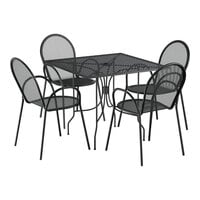 Lancaster Table & Seating Harbor Black 36" Square Outdoor Standard Height Table with Ornate Legs and 4 Arm Chairs
