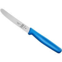 Mercer Culinary M33932BLB 4 1/4" Serrated Rounded Tip Paring / Bar Knife with Guard and Blue Handle