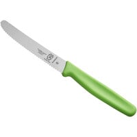 Mercer Culinary M33932GRB 4 1/4" Serrated Rounded Tip Paring / Bar Knife with Guard and Green Handle