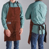 Outset® F240 Brown Suede Leather Adjustable Grill / BBQ Bib Apron with Flame-Retardant Inner Lining - 30" x 25 13/16"