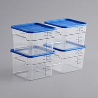 Vigor 12 Qt. Clear Square Polycarbonate Food Storage Container and Blue Lid - 4/Pack