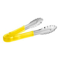 Choice 9 1/2" Yellow Coated Handle Stainless Steel Scalloped Tongs