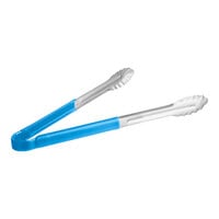 Choice 16" Blue Coated Handle Stainless Steel Scalloped Tongs