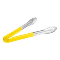 Choice 12" Yellow Coated Handle Stainless Steel Scalloped Tongs