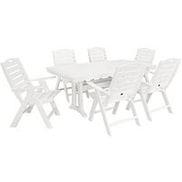 POLYWOOD Nautical 7-Piece White Dining Set with 6 Folding Chairs and Nautical Trestle Table