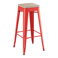 Lancaster Table & Seating Alloy Series Ruby Red Indoor Backless Barstool with Gray Wood Seat