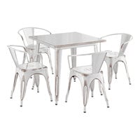 Lancaster Table & Seating Alloy Series 31 1/2" x 31 1/2" Distressed Pearl White Standard Height Outdoor Table with 4 Arm Chairs