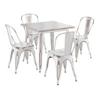 Lancaster Table & Seating Alloy Series 31 1/2" x 31 1/2" Distressed Pearl White Standard Height Outdoor Table with 4 Cafe Chairs