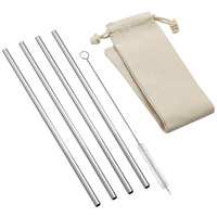 Outset® 76623 8 1/2" Stainless Steel Straight Straw with Brush and Bag - 4/Pack