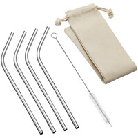 Outset® 76622 8 1/2" Stainless Steel Bent Straw with Brush and Bag - 4/Pack