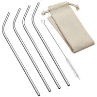 Outset® 76624 10 1/2" Stainless Steel Bent Straw with Brush and Bag - 4/Pack
