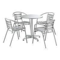 Lancaster Table & Seating 27 1/2" Chrome Round Outdoor Standard Height Table with 4 Silver Arm Chairs