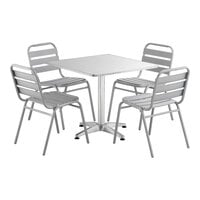 Lancaster Table & Seating 31 1/2" x 31 1/2" Chrome Square Outdoor Standard Height Table with 4 Silver Side Chairs