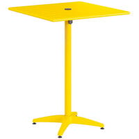 Lancaster Table & Seating 32" x 32" Yellow Powder-Coated Aluminum Bar Height Outdoor Table with Umbrella Hole