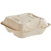 World Centric 9" x 9" x 3" 3-Compartment Compostable PLA Lined Fiber Clamshell Container - 300/Case