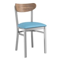 Lancaster Table & Seating Boomerang Series Clear Coat Finish Chair with Blue Vinyl Seat and Vintage Wood Back