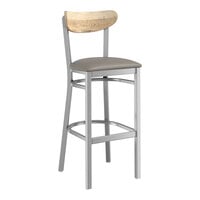 Lancaster Table & Seating Boomerang Series Clear Coat Finish Bar Stool with Dark Gray Vinyl Seat and Driftwood Back