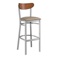 Lancaster Table & Seating Boomerang Series Clear Coat Finish Bar Stool with Taupe Vinyl Seat and Antique Walnut Wood Back