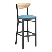 Lancaster Table & Seating Boomerang Series Black Finish Bar Stool with Blue Vinyl Seat and Driftwood Back