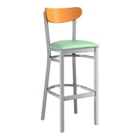 Lancaster Table & Seating Boomerang Series Clear Coat Finish Bar Stool with Seafoam Vinyl Seat and Cherry Wood Back