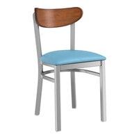 Lancaster Table & Seating Boomerang Series Clear Coat Finish Chair with Blue Vinyl Seat and Antique Walnut Wood Back