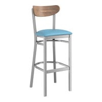 Lancaster Table & Seating Boomerang Series Clear Coat Finish Bar Stool with Blue Vinyl Seat and Vintage Wood Back