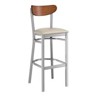 Lancaster Table & Seating Boomerang Series Clear Coat Finish Bar Stool with Light Gray Vinyl Seat and Antique Walnut Wood Back