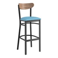 Lancaster Table & Seating Boomerang Series Black Finish Bar Stool with Blue Vinyl Seat and Vintage Wood Back