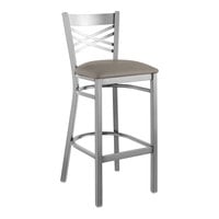 Lancaster Table & Seating Clear Coat Finish Cross Back Bar Stool with 2 1/2" Dark Gray Vinyl Padded Seat - Detached