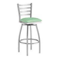 Lancaster Table & Seating Clear Coat Finish Ladder Back Swivel Bar Stool with 2 1/2" Seafoam Vinyl Padded Seat